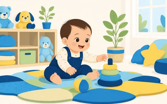 Ilustração de um bebê sorrindo num tapete colorido, brincando com argolas de empilhar